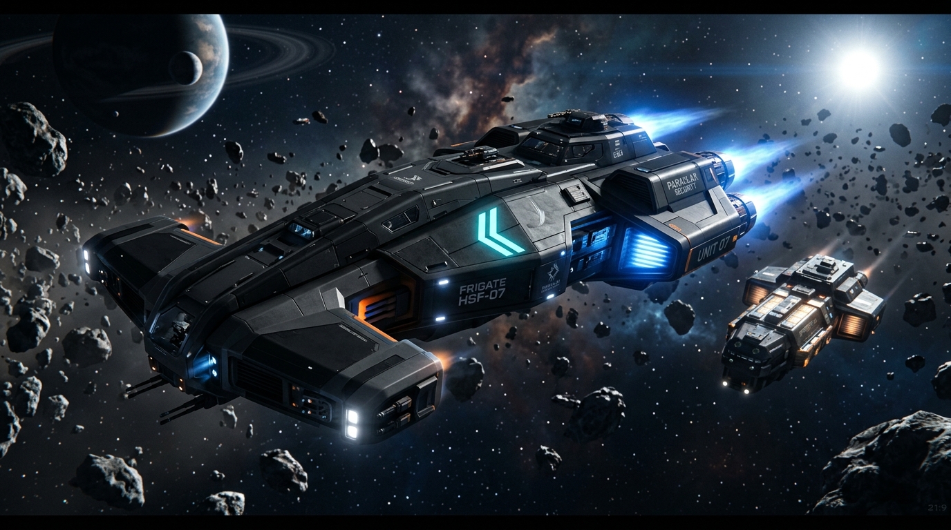 Hammerhead tactical security frigate providing defensive escort to civilian transports through an asteroid corridor.